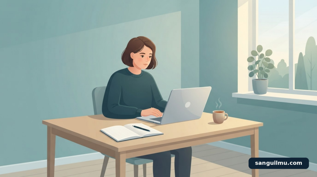 Ilustrasi seseorang yang fokus bekerja dengan satu aplikasi terbuka di laptop, meja rapi dan cahaya alami; tema menjaga fokus digital
