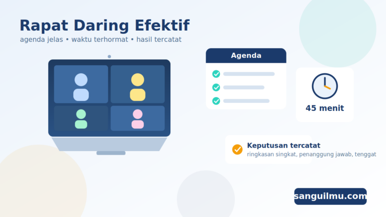 Ilustrasi rapat daring yang efektif: laptop dengan peserta rapat online, agenda berisi daftar centang, jam 45 menit, dan catatan keputusan