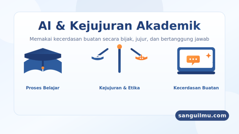 Ilustrasi keseimbangan antara proses belajar, kejujuran akademik, dan kecerdasan buatan (AI) untuk artikel tentang etika pemakaian AI di dunia akademik