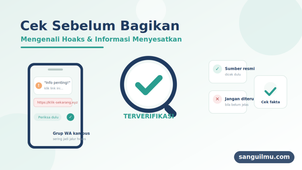 Ilustrasi cek fakta sebelum membagikan informasi di lingkungan akademik: ponsel dengan pesan mencurigakan, kaca pembesar dengan tanda centang terverifikasi, dan watermark sanguilmu.com