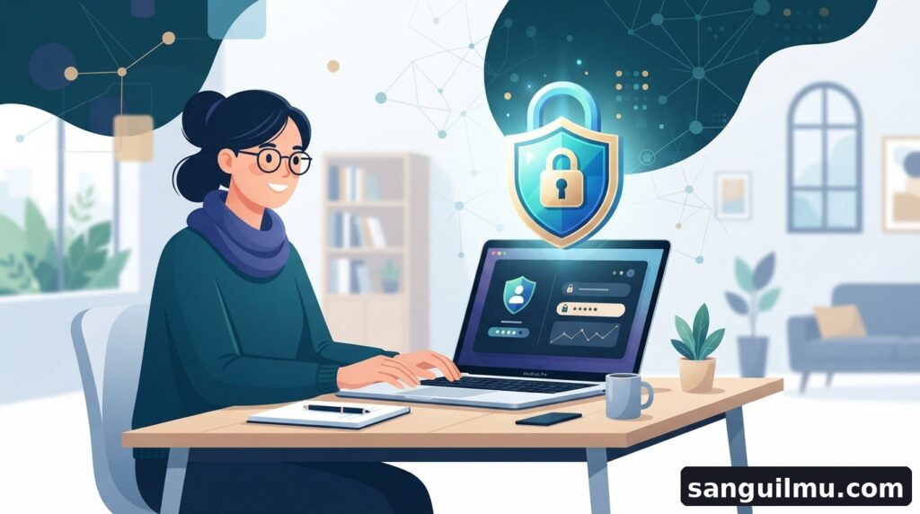 Ilustración de un candado con una laptop y formas de red, que representa la protección de contraseñas digitales para docentes y estudiantes del campus.