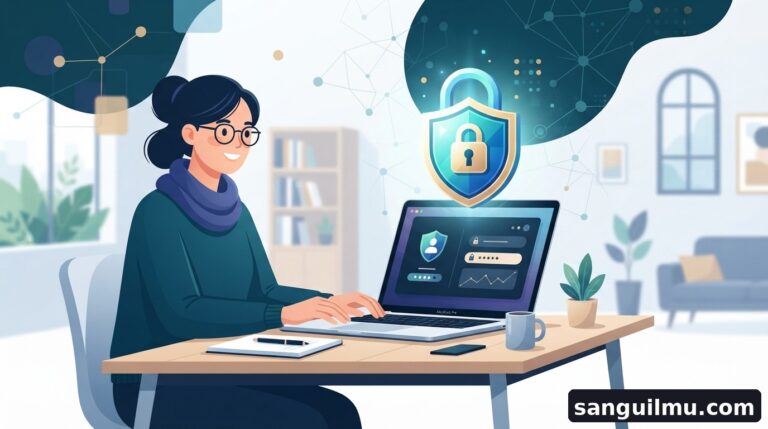 Ilustración de un candado con una laptop y formas de red, que representa la protección de contraseñas digitales para docentes y estudiantes del campus.