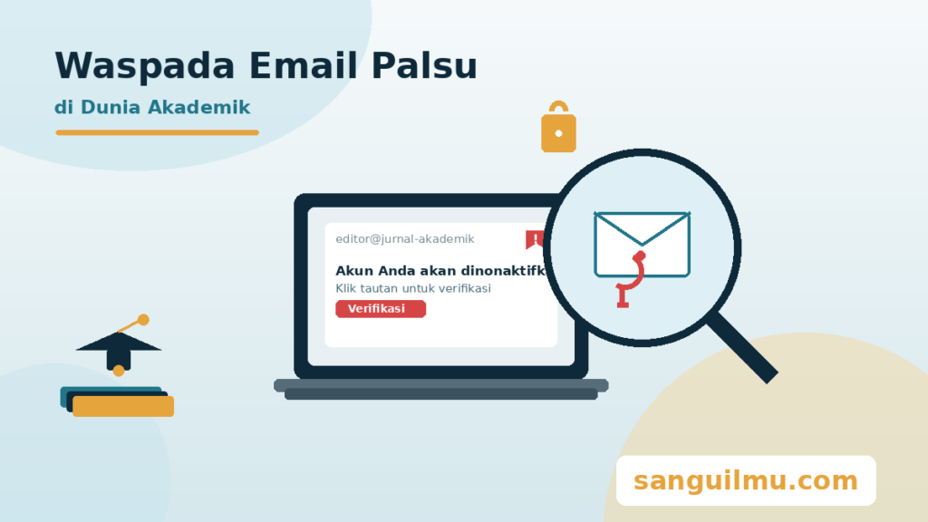 Ilustrasi email palsu berkedok jurnal dan konferensi dengan kaca pembesar, ikon gembok, dan tanda peringatan, berwatermark sanguilmu.com