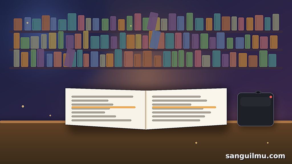 Ilustrasi mahasiswa membaca buku di perpustakaan dengan cahaya lampu hangat dan ponsel yang diletakkan menghadap ke bawah, menggambarkan kebiasaan membaca di era digital