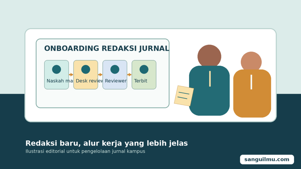 Ilustrasi onboarding anggota baru redaksi jurnal dengan alur kerja editorial yang jelas