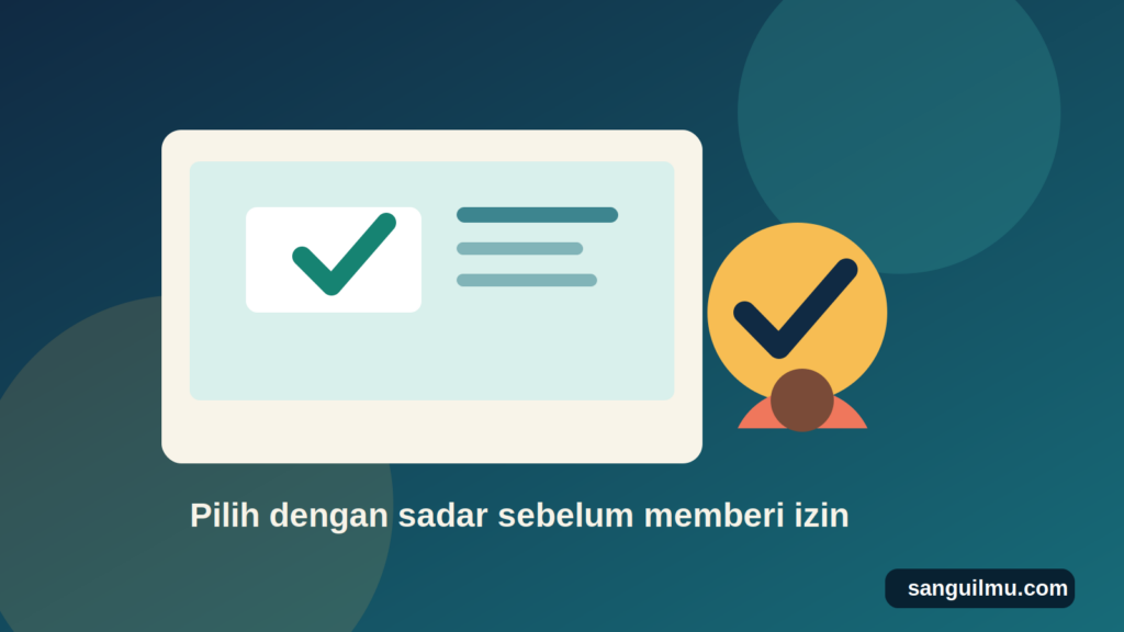 Ilustrasi dosen, guru, dan mahasiswa memilih izin aplikasi digital dengan bijak