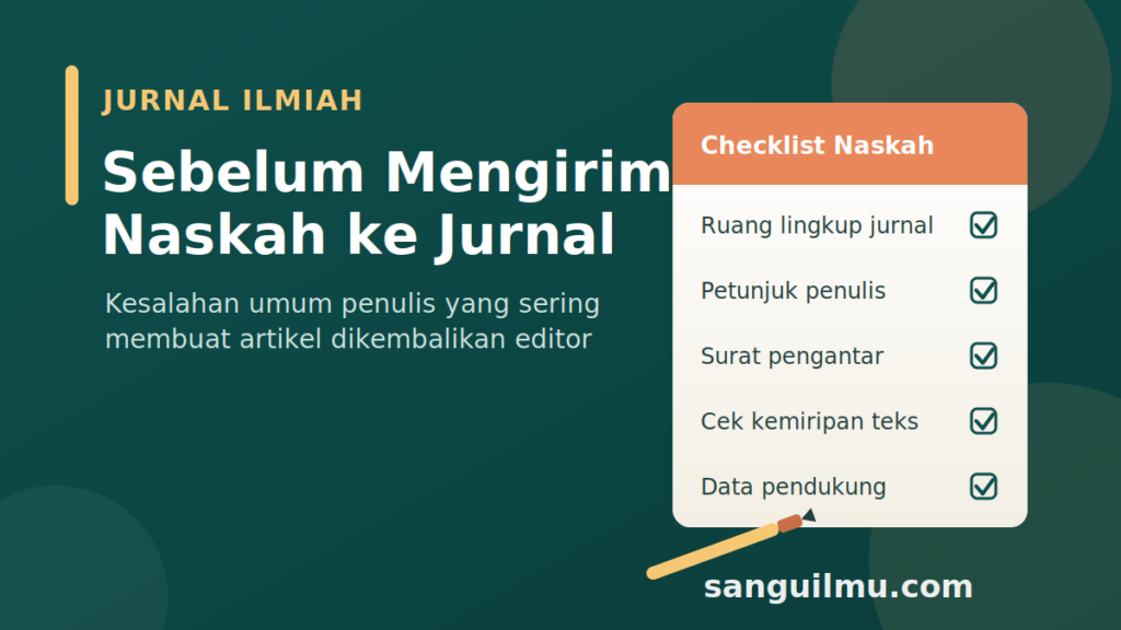 Ilustrasi meja kerja penulis dengan daftar periksa naskah sebelum mengirim artikel ke jurnal ilmiah: fokus jurnal, petunjuk penulis, surat pengantar, cek kemiripan teks, dan kelengkapan data pendukung