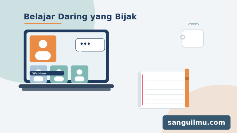 Ilustrasi dosen mengikuti webinar daring dengan laptop, buku catatan, dan cangkir kopi, dengan watermark sanguilmu.com