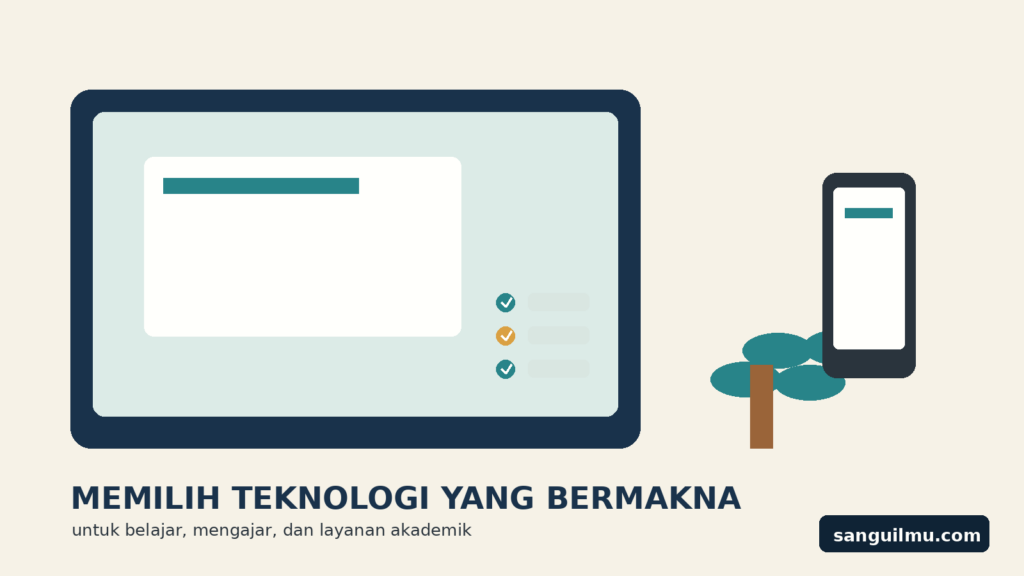 Ilustrasi memilih teknologi digital yang bermakna untuk pembelajaran dan layanan akademik, dengan watermark sanguilmu.com