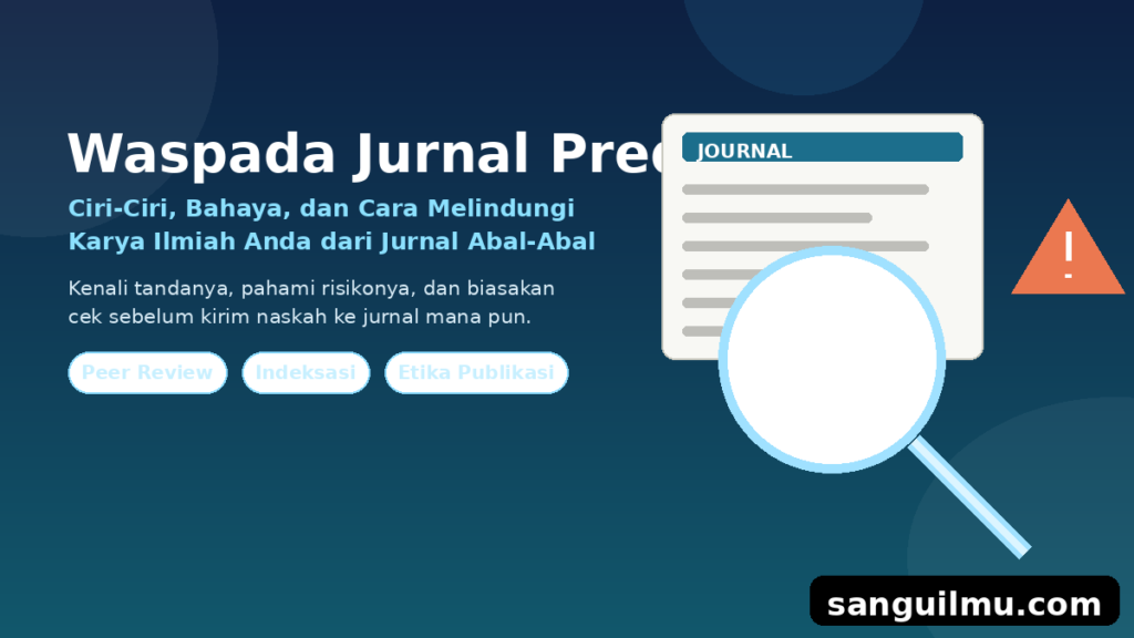 Ilustrasi jurnal ilmiah yang diperiksa dengan kaca pembesar dan tanda peringatan, menggambarkan kewaspadaan terhadap jurnal predator - watermark sanguilmu.com