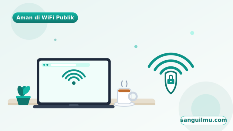 Ilustrasi dosen dan mahasiswa menggunakan laptop di kafe dengan ikon WiFi aman, untuk artikel kebiasaan aman menggunakan WiFi publik