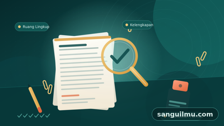 Ilustrasi meja editor dengan tumpukan naskah, kaca pembesar, stempel, dan label kriteria penyaringan, menggambarkan proses penolakan awal naskah sebelum masuk tahap review.