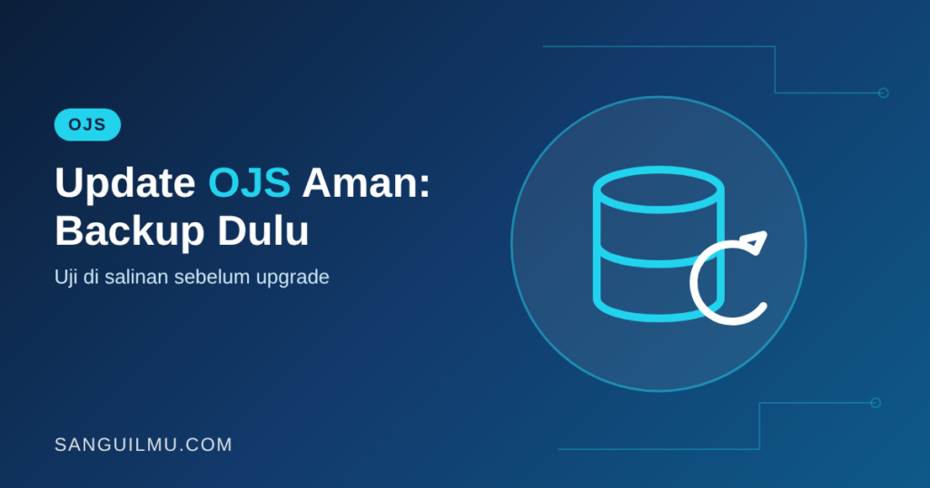 Ilustrasi ikon database dengan panah pemulihan untuk panduan update OJS dengan aman